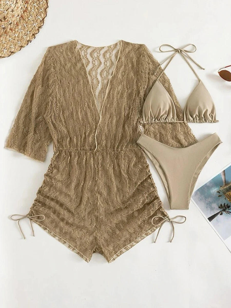 3 pieces Halter Bikini Tropical Print Swimsuit Drawstring Side Swimwear Women Long Sleeve Bathing Suit Female Swimming Beachwear