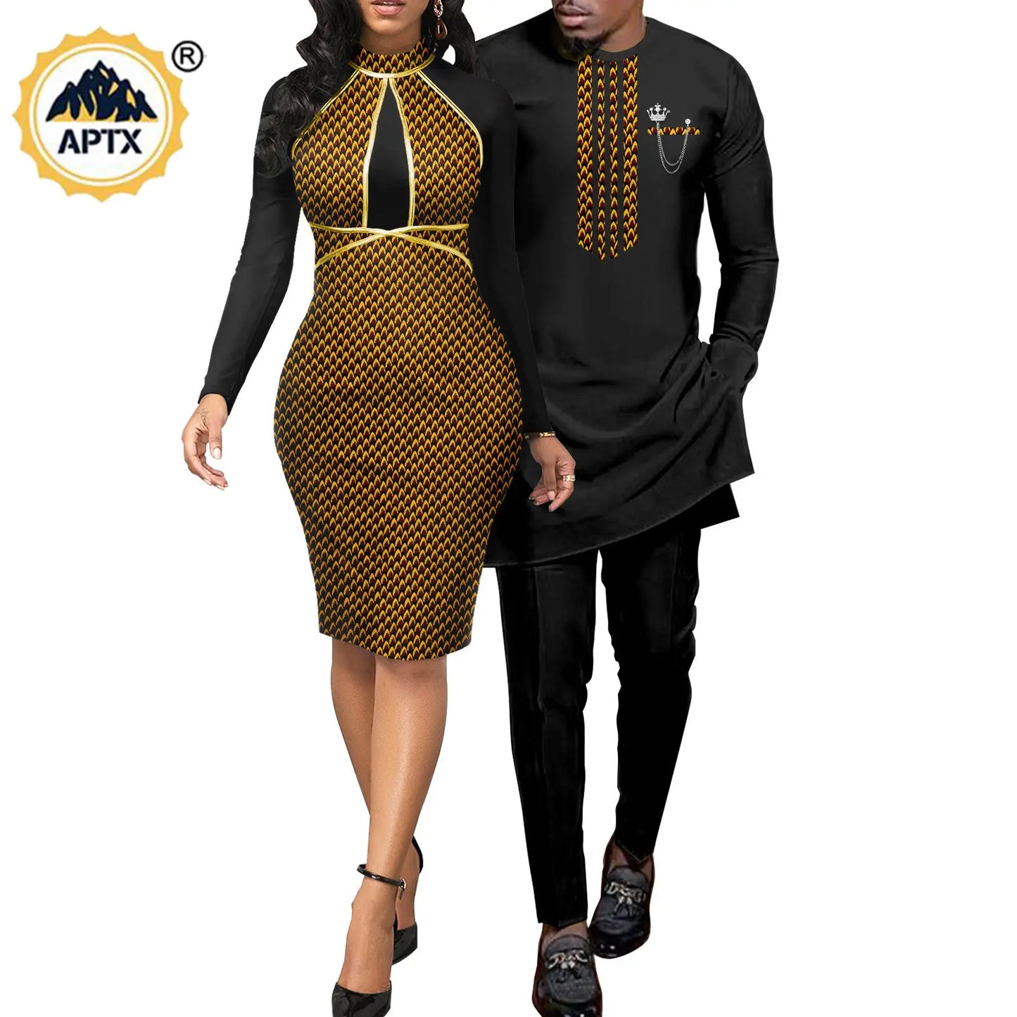 African Abaya Hip Dresses for Women Matching Couple Outfits with Bazin Riche Men's Top and Pant Set Dashiki Print