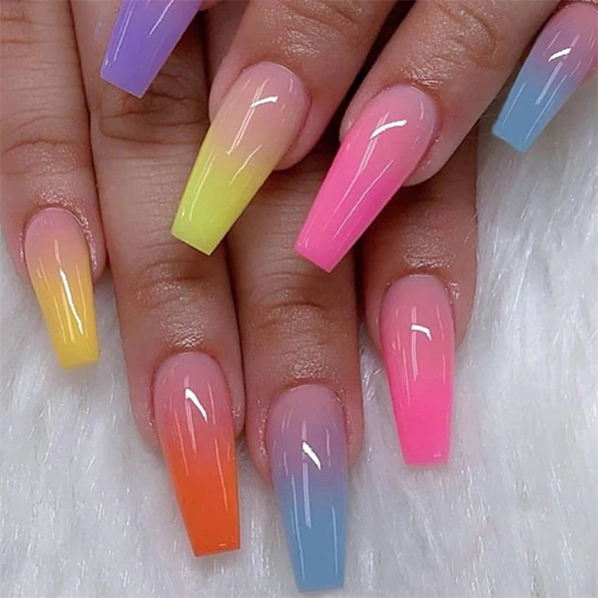 24Pcs/Set Press on Nails Gradient Point Drill Ballet Wearing False Nails Long French Stick on Nail Artificial Acrylic Fake Nails