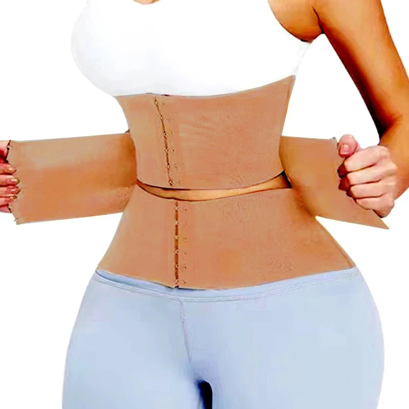 Woman wearing beige waist trainer shapewear with adjustable strap for body shaping support