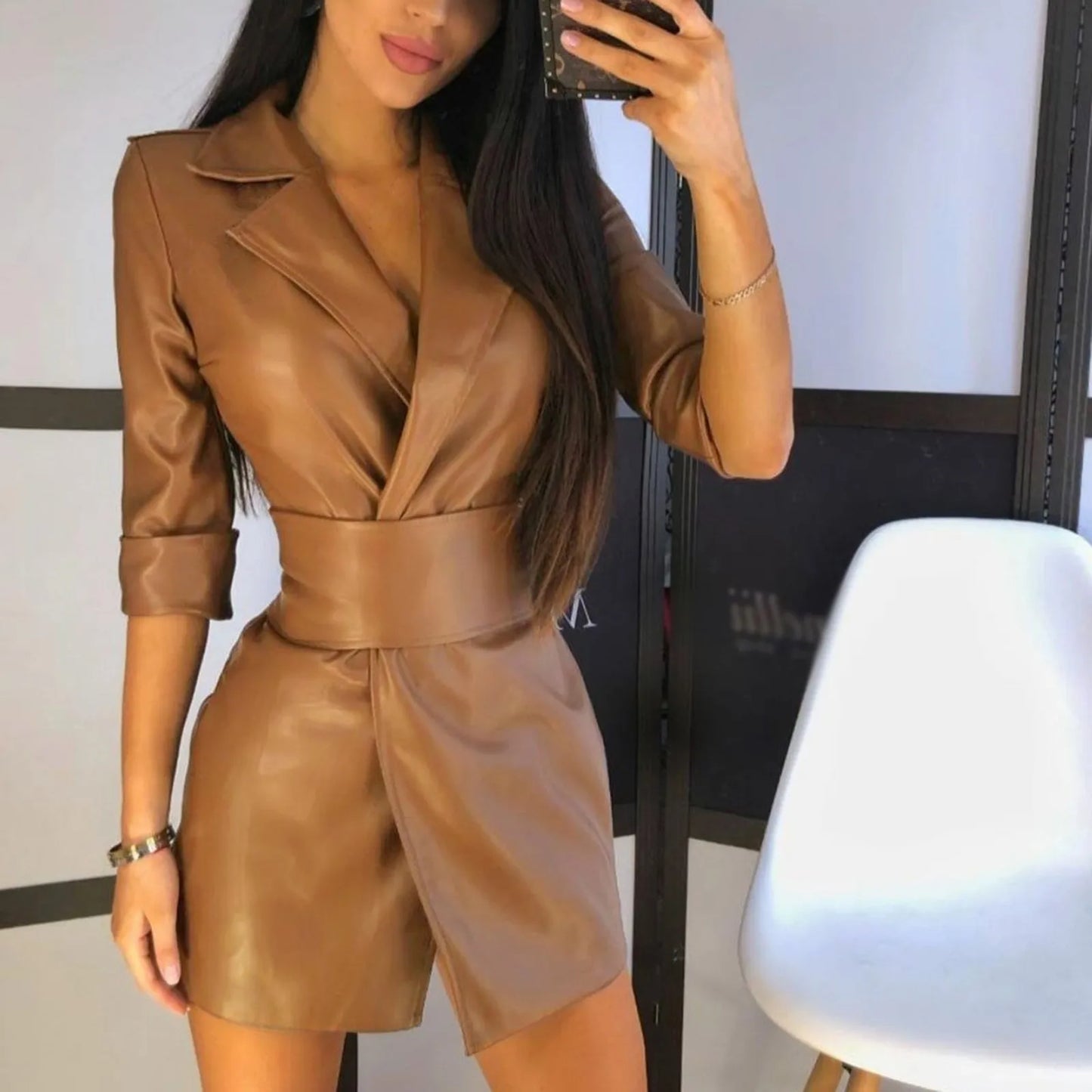 Cool Leather Coat Dress for Women Long Sleeve V Winter Jacket Pu Sexy Bodycon Leather Mini Dress Elegant Waist in Dresses