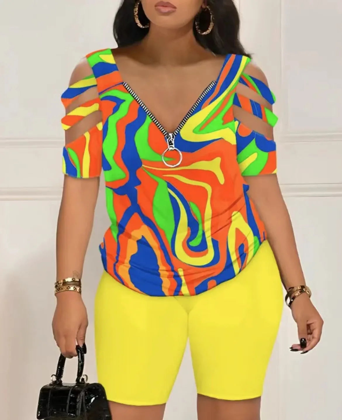 Women's Summer Casual Loose Print T-Shirt And Shorts 2 Piece Set V-Neck Hollow out Design Fashion Outfit Junior Size
