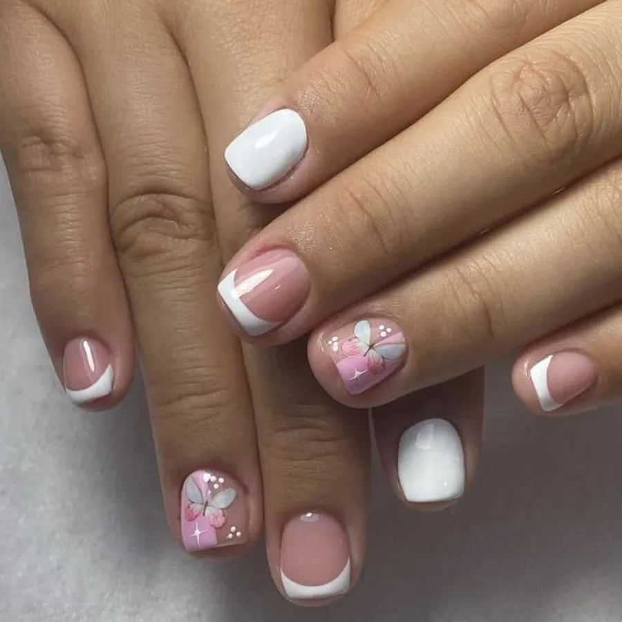 24Pcs Pink French Style Press on Nails with White Flower Print Short Square Head False Nails Simple Wearable Artificial Nails Art