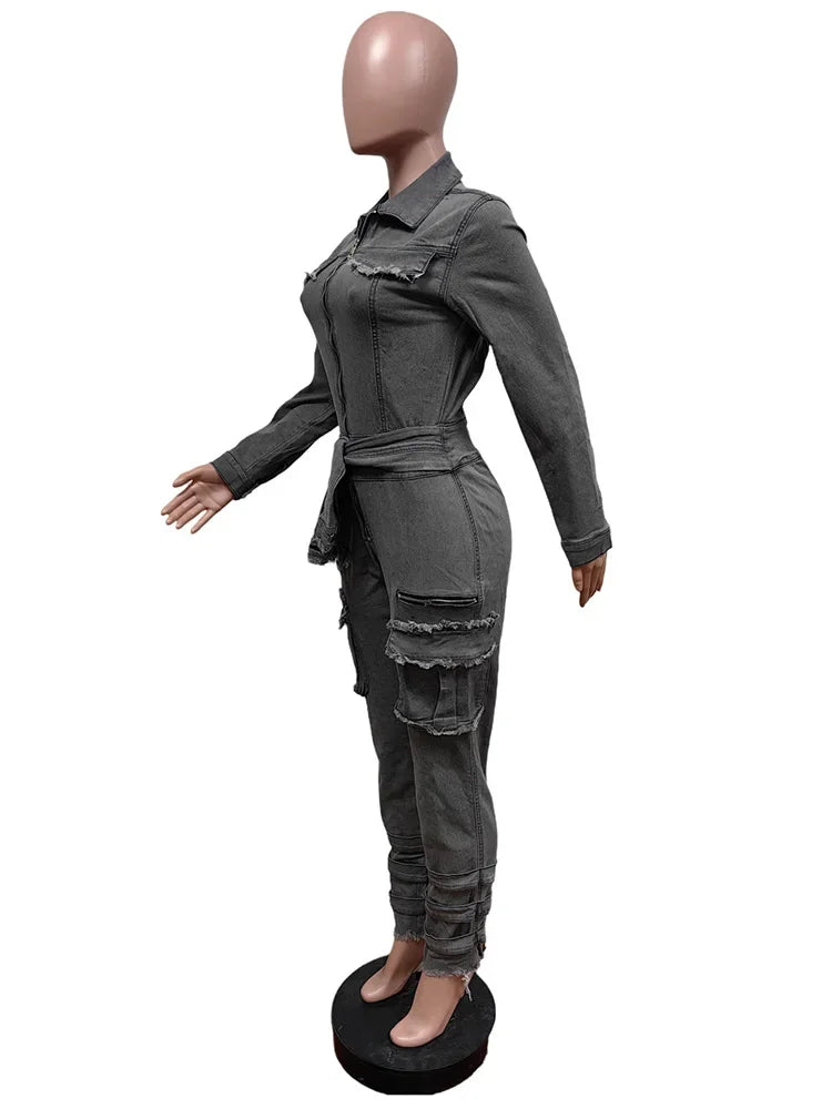 Autumn New Half Zipper Lace-up Denim Jumpsuit Women's Fashion Long Sleeve Elastic Slim Raw Trim Pocket Cargo Pants