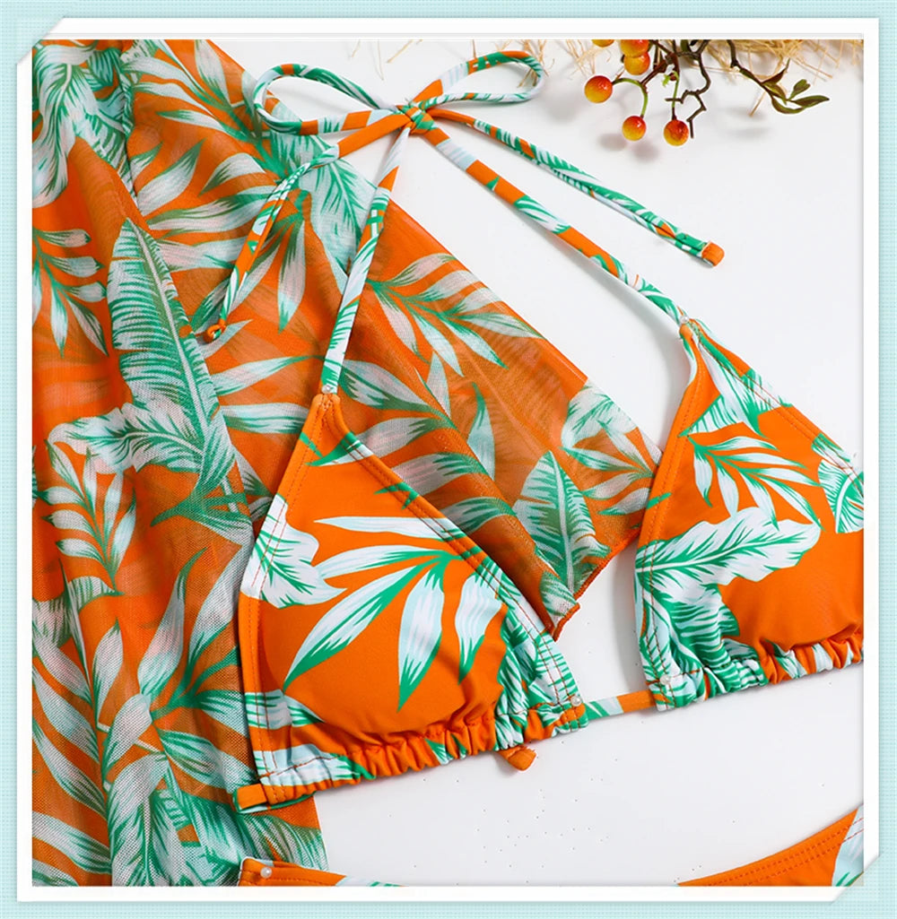 3 pieces Halter Bikini Tropical Print Swimsuit Drawstring Side Swimwear Women Long Sleeve Bathing Suit Female Swimming Beachwear