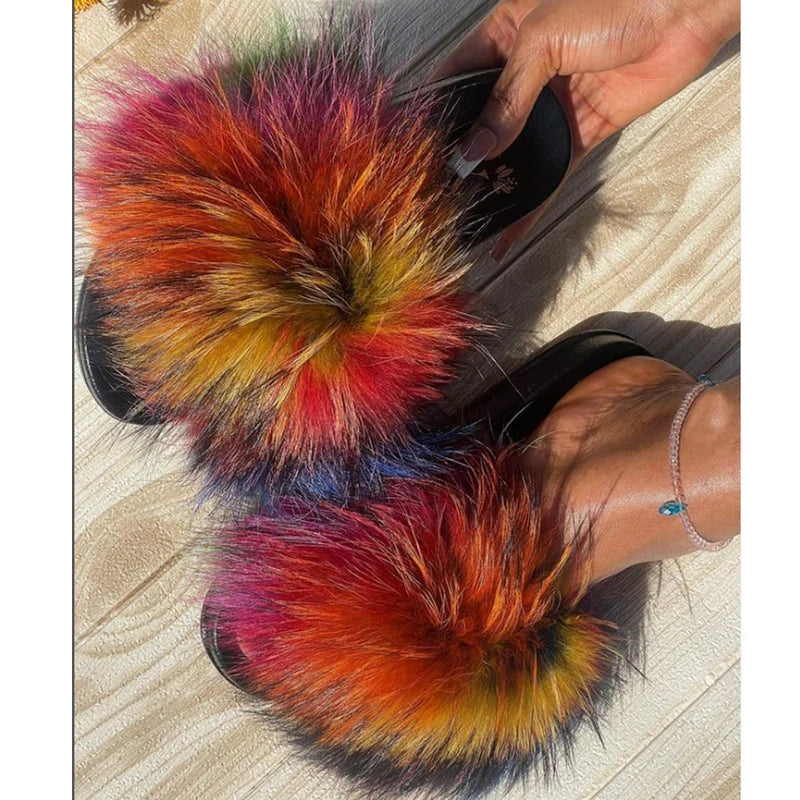 Rainbow Fur Slides Women's Furry Plush Raccoon Fox Fur Slippers Indoor Flat Non-Slip Summer Beach Flip Flops Large Size Sandals