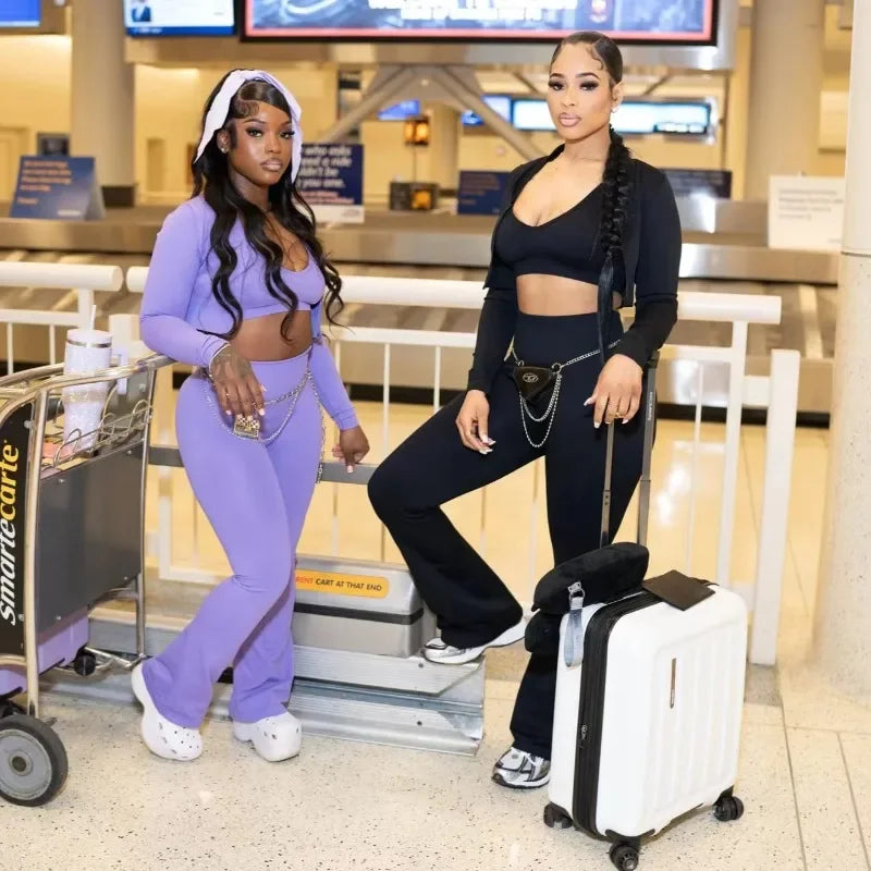Solid Women Tracksuits Slim 3 Piece Sets Tank Crop Tops + Zipper Long Sleeve Jackets + High Waist Flare Pants Suits