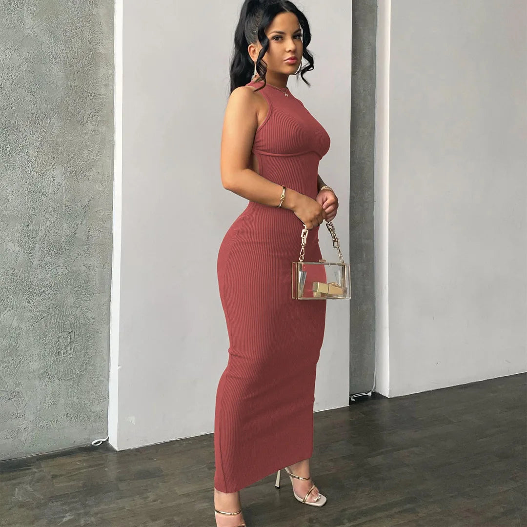 Hugcitar Ribbed Solid Hollow Out Backless Sleeveless Sexy Slit Dress Bodycon 2025 Summer Women Outfits Elegant Party Y2K