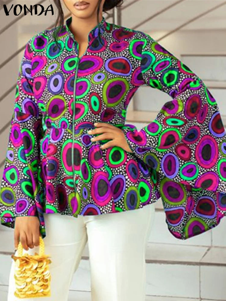 Plus Size 5XL VONDA Women Bohemian Tops 2024 Flared Sleeve Printed Tops Stand Collar Blouse Cover Up Casual Loose Blusas Tunic
