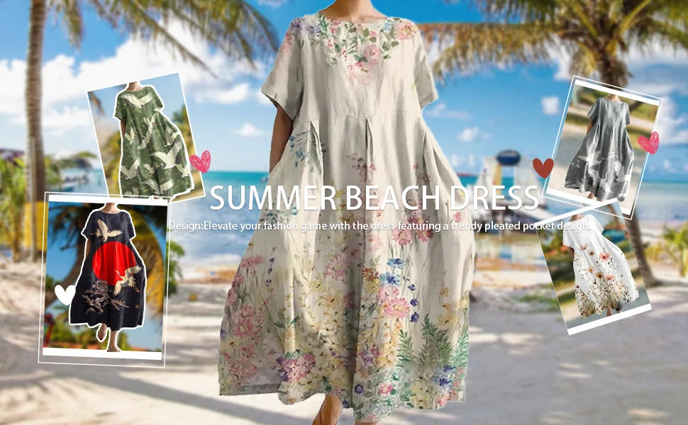 New Summer Womens Dresses Exquisite Elegant Round Neck Short Sleeve Long Pink Spotted Irregular Printed Comfortable Midi Dresses