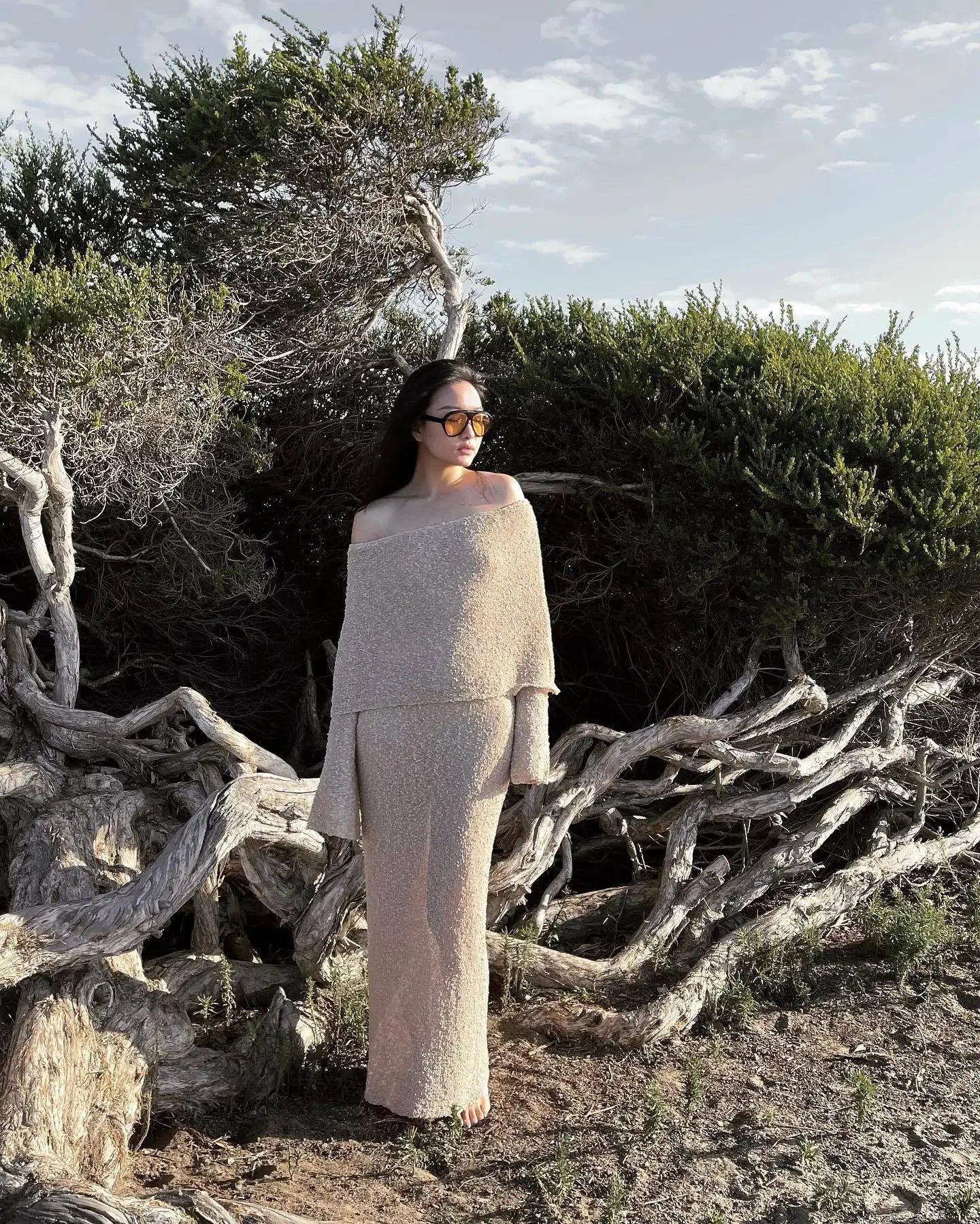 Knit Hollow Out Off-Shoulder Maxi Dress Female Cover up Loose Long Sleeve Holiday Beach Party Dress Women Knitwear Dress