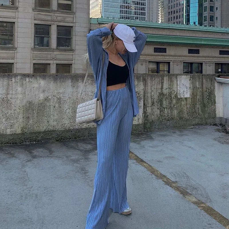 New Spring And Autumn Suit Women's Pleated Lapel Shirt Loose Casual Suit Solid Color Drape Pleated Casual Suit