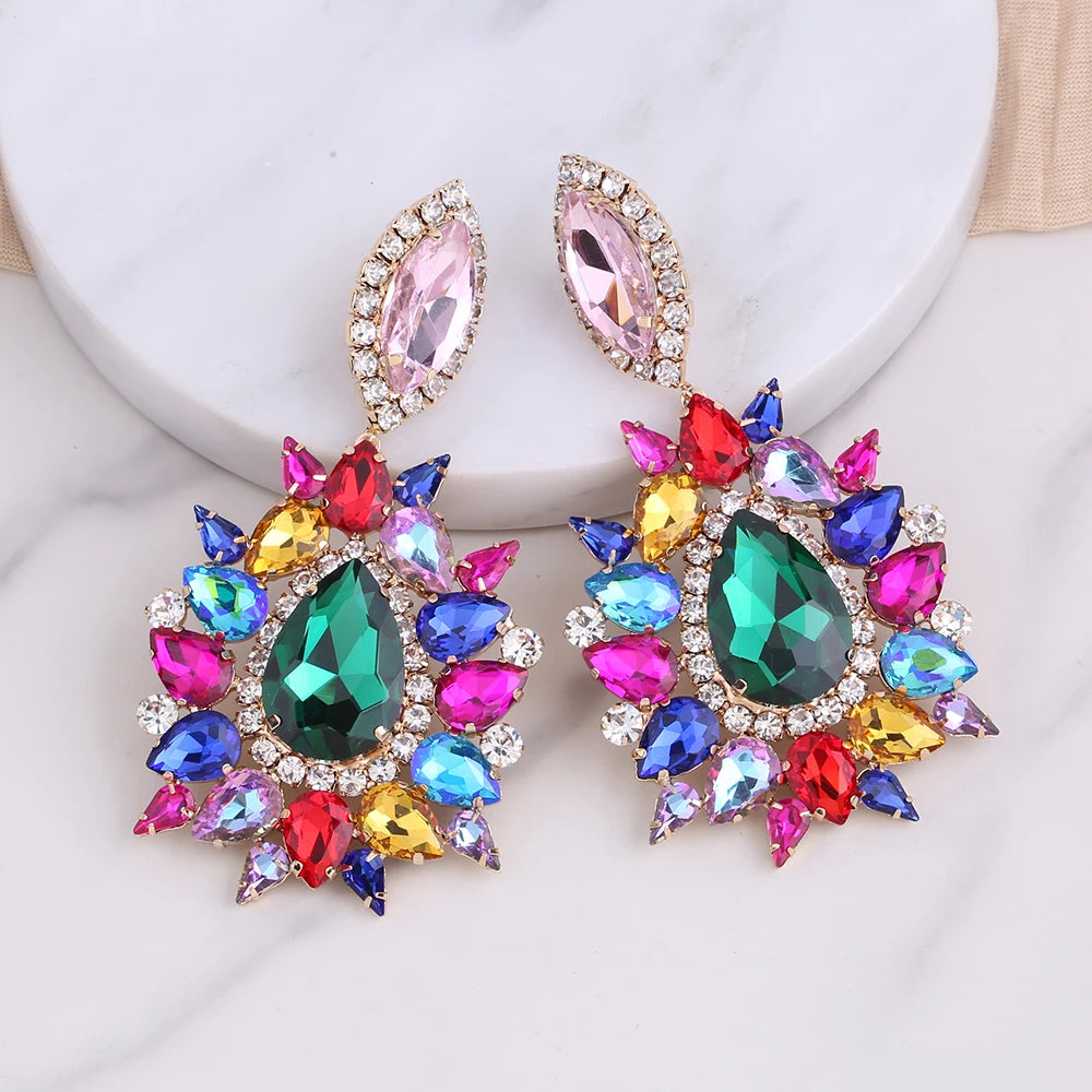 Big Earrings Elegant Purple Crystal Clip on Women Earring Pink Water Drop Huge Fashion Jewelry for Beauty pageant Drag queen