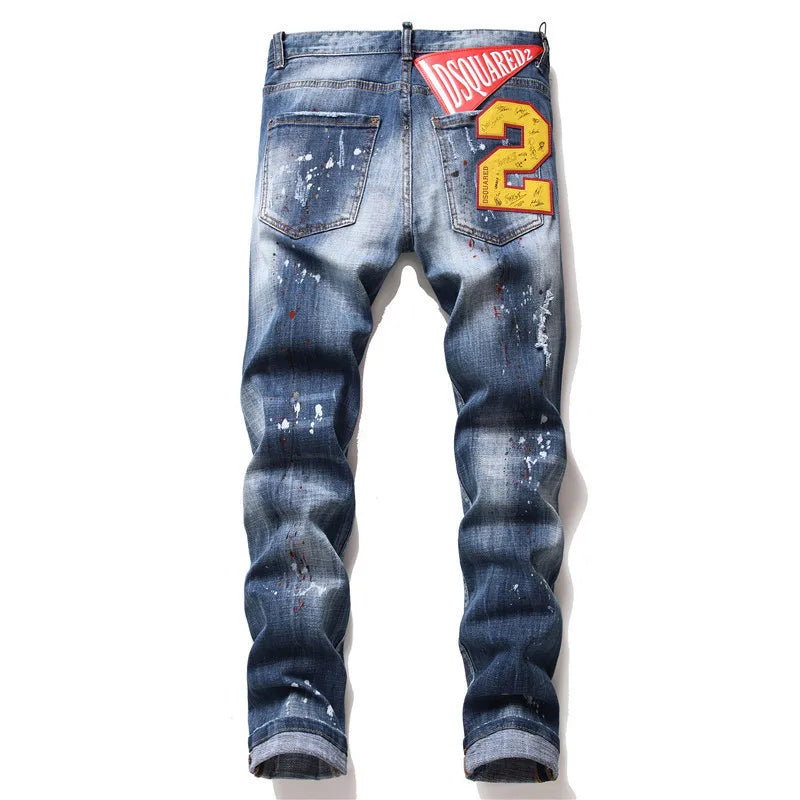 Men's Slim Fit Tattered Paint Jeans Retro Style Stretch Denim Pants with Hole Badge for High Street Fashion