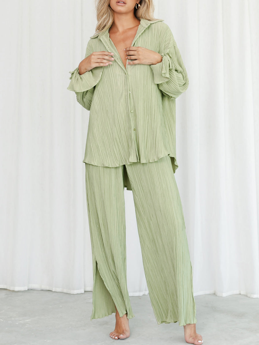 Women's Two-piece Pleated Pants Sets Chic Solid Color Long Sleeve Button Down Shirts with Straight Leg Trousers Casual Style