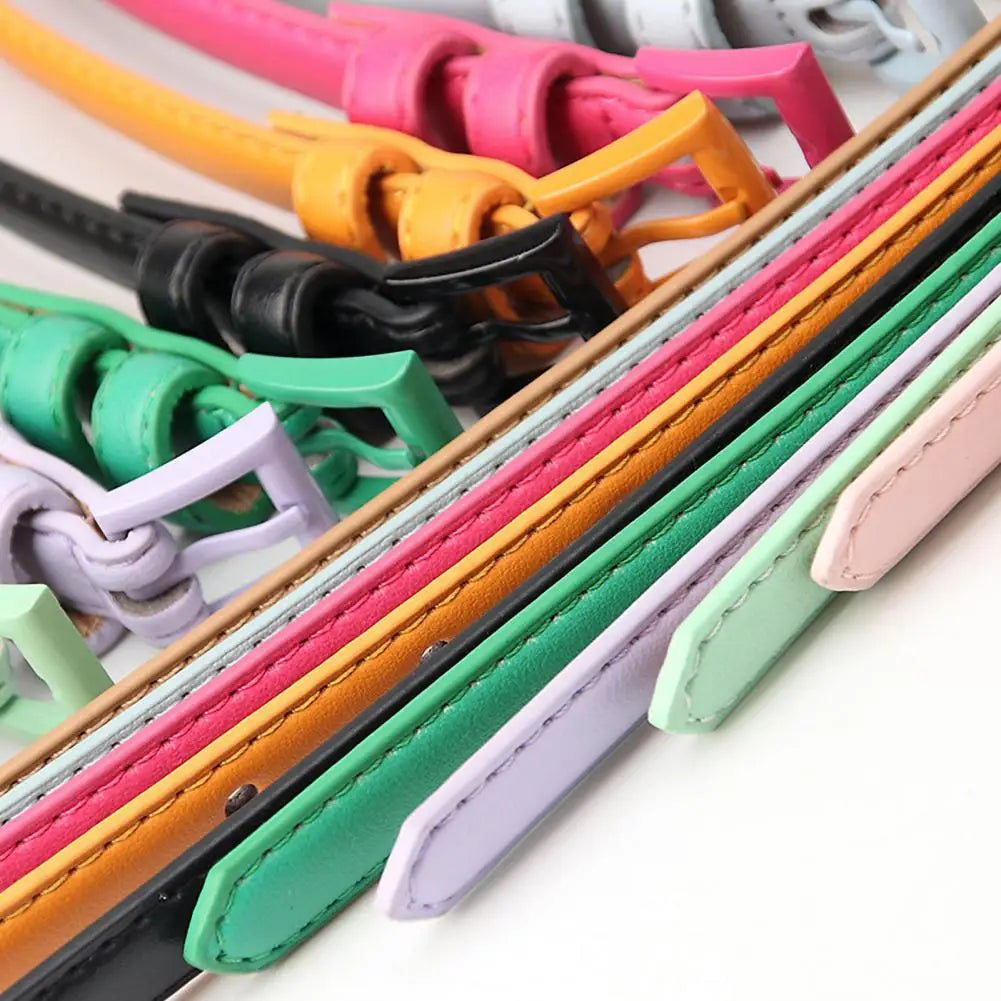 Women Belt Thin Skinny Waistband Candy Color Faux Leather Waistband Adjustable Length Multi Holes Design Jeans Belt