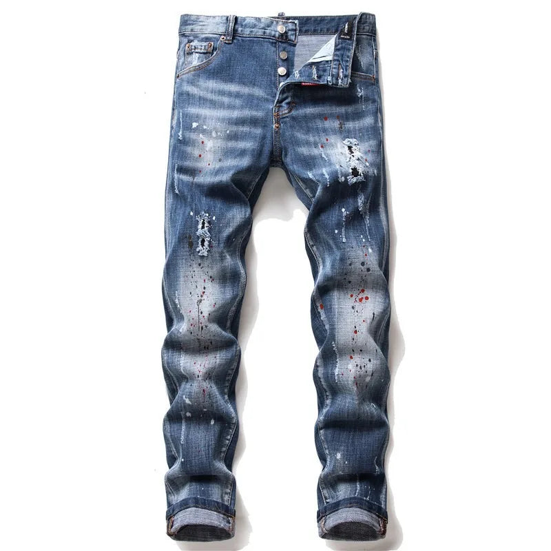 Men's Slim Fit Tattered Paint Jeans Retro Style Stretch Denim Pants with Hole Badge for High Street Fashion