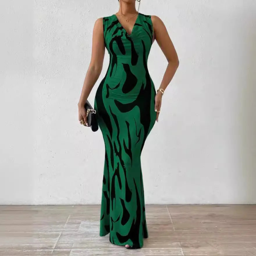 Sexy Bodycon Package hip Party Women's Long Dresses Summer Print Sleeveless Pile Collar Slim Skinny Party Maxi Dress For Women