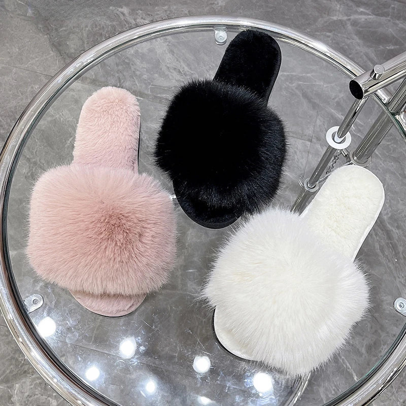 Women's Home Slippers Winter Pink Fur Kawaii Flats Furry Elegant Comfortable Soft Shoes for Woman and Low Price