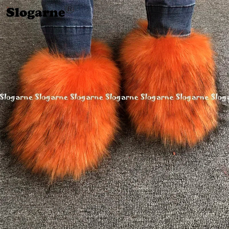 New Colorful Raccoon Fur Slippers Women Winter Faux Fur Shoes Ladies Luxury Furry Slippers Girls Artificial Fox Furs Slides Shoe