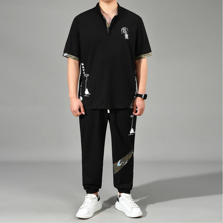 Tracksuits Plus Size 12XL Men's Sets Fashion Casual Chinese Traditional Style T-shirts Pants Suits Male Sets Big Size