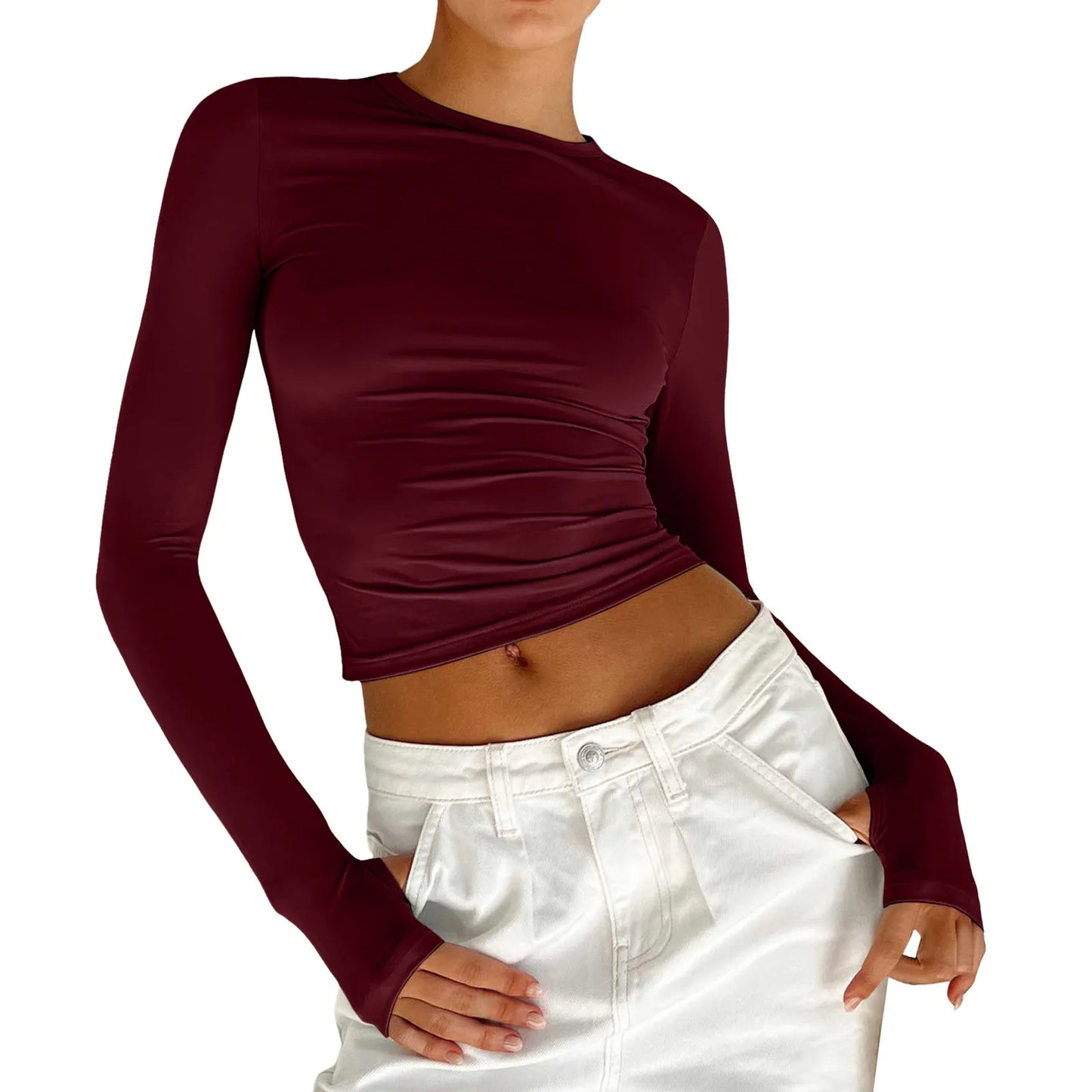 Women's Spring Fall Casual Slim Fit Basic Crop Tops Solid Long Sleeve Crew Neck Pullover Tight Tee Shirts Show Navel T-Shirt Y2K