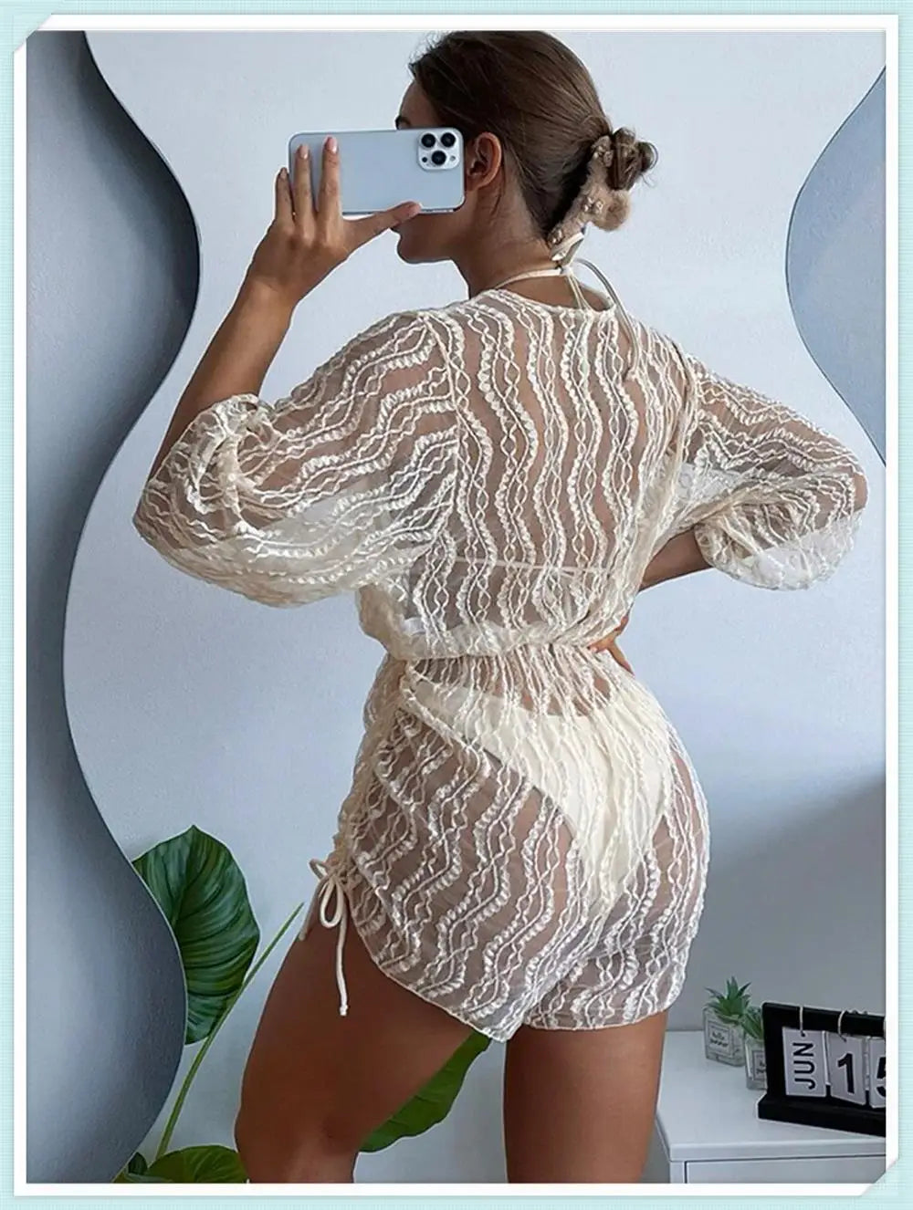 3 pieces Halter Bikini Tropical Print Swimsuit Drawstring Side Swimwear Women Long Sleeve Bathing Suit Female Swimming Beachwear