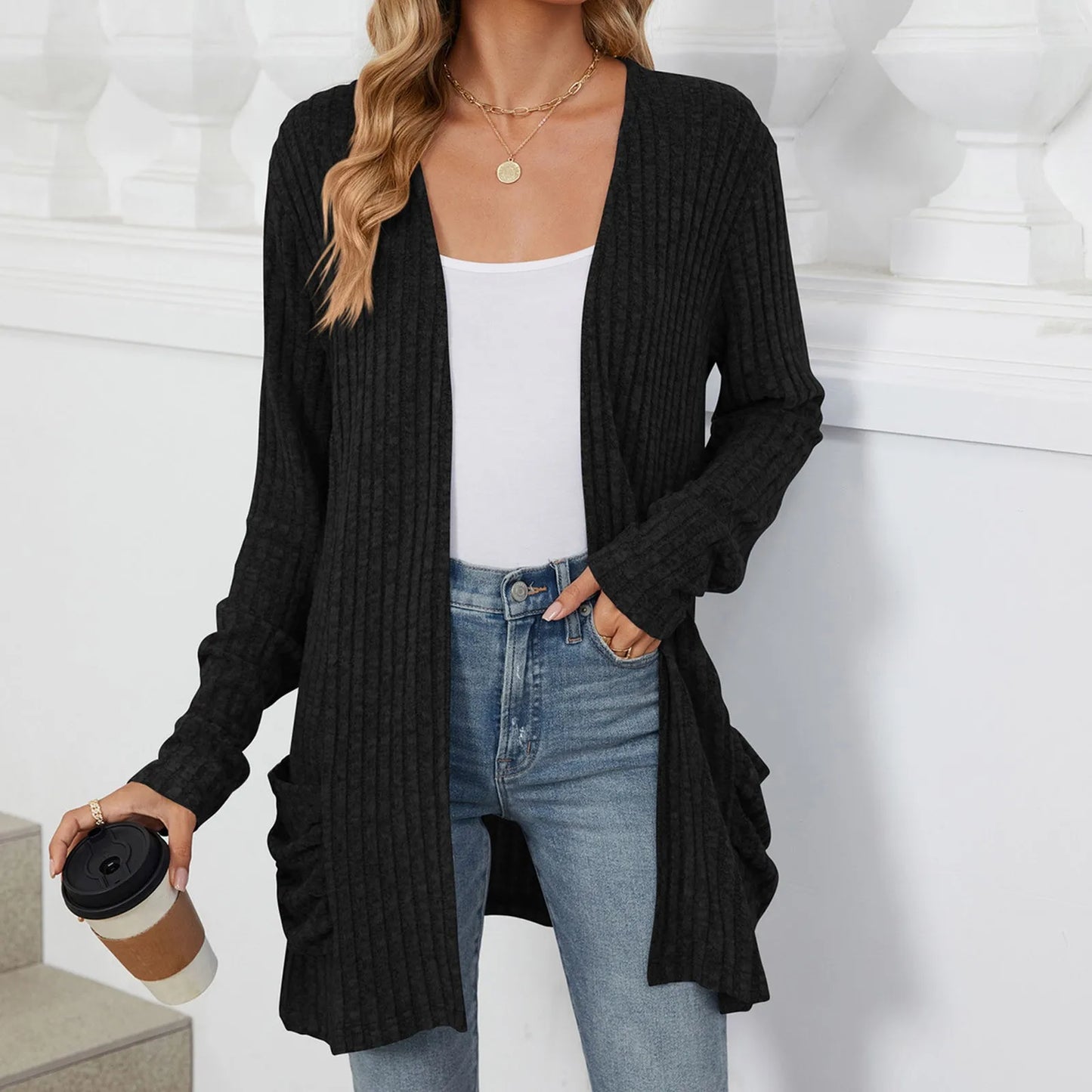 Lightweight 3/4 Sleeve Black Sweater Cardigan For Women Crochet Oversize Casual Cardigan Kimonos Boho Solid Chaquetas De Mujer