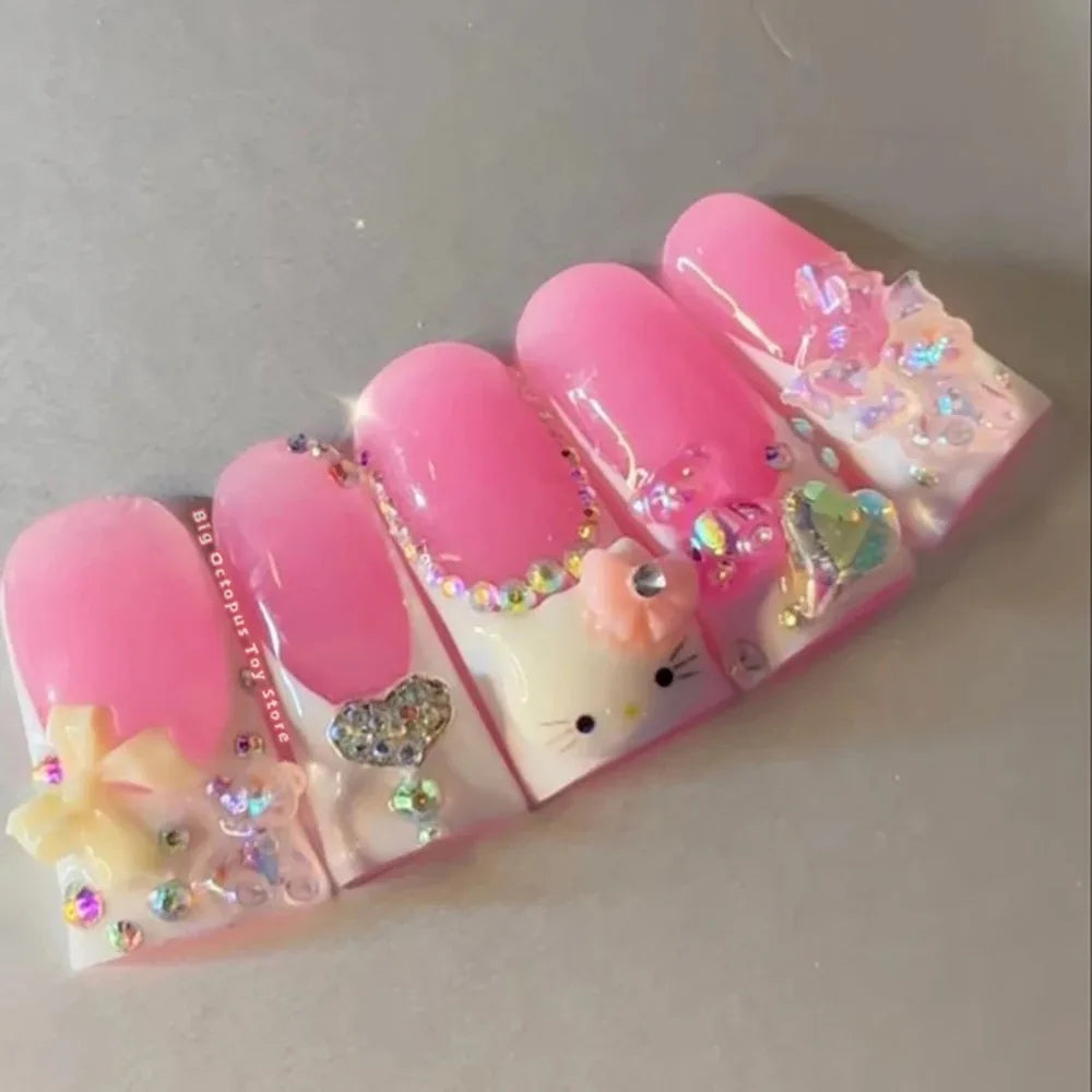 Xxl Euro-Americaen Long Square Cartoon Fake Nails Hello Kitty Mymelody Kuromi Luxury Diamond Handmade Nail Tips Party Sticker