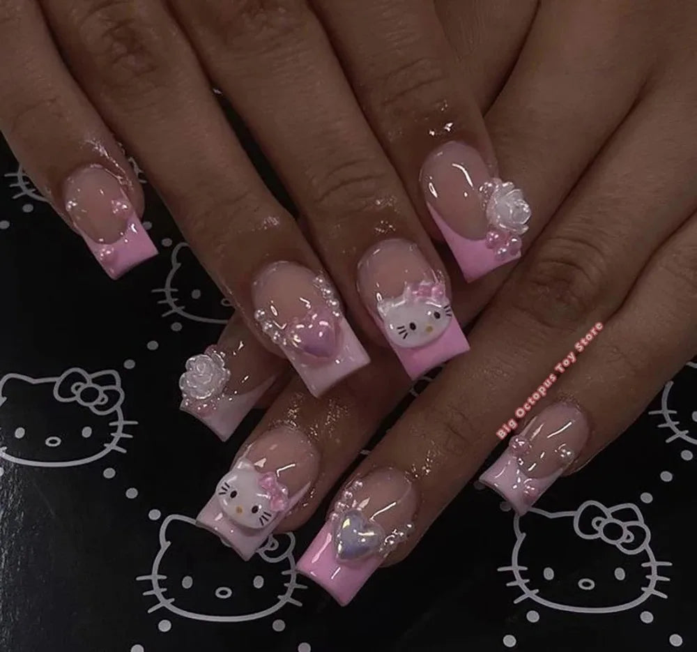 Xxl Euro-Americaen Long Square Cartoon Fake Nails Hello Kitty Mymelody Kuromi Luxury Diamond Handmade Nail Tips Party Sticker