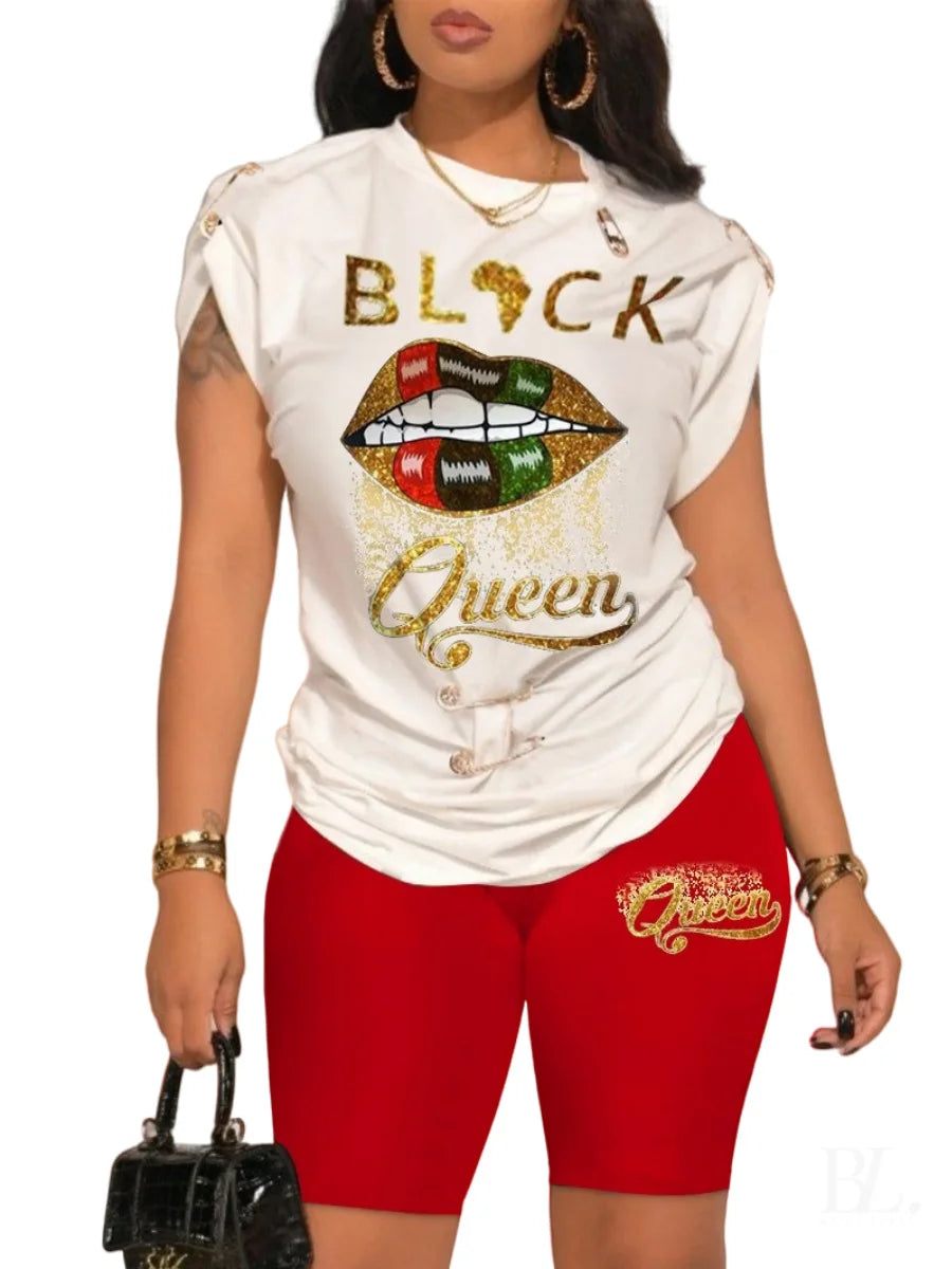 Casual Short Sleeve Tshirt Shorts Set Office Lady Spring Summer Fashion O-neck Letter Print Two Piece Set Women Outfit 2023