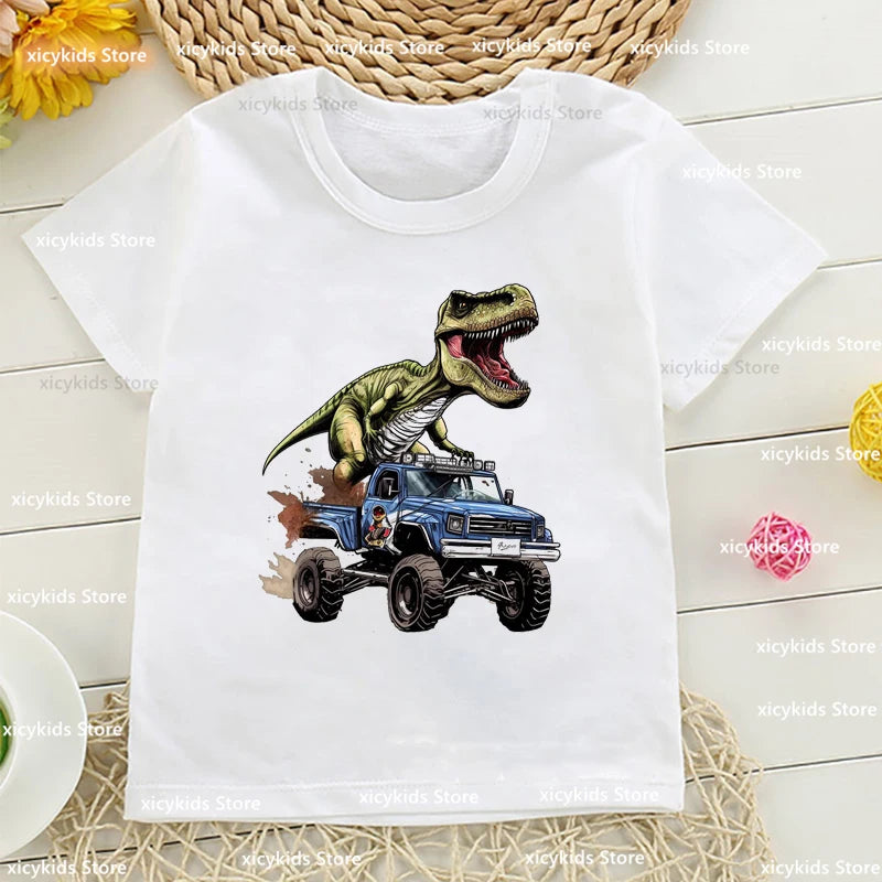 Cute Monster Truck T-Shirt for Kids Harajuku Style Dinosaur Print Suitable for Girls Boys Funny Children's Clothing