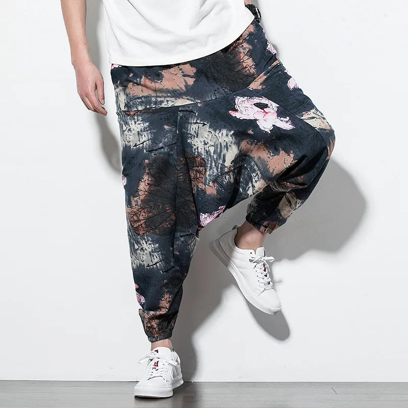 Cotton Linen Harem Pants Men Elastic Waist Streetwear Floral Joggers 2023 New Baggy Drop-crotch Pants Casual Trousers Men