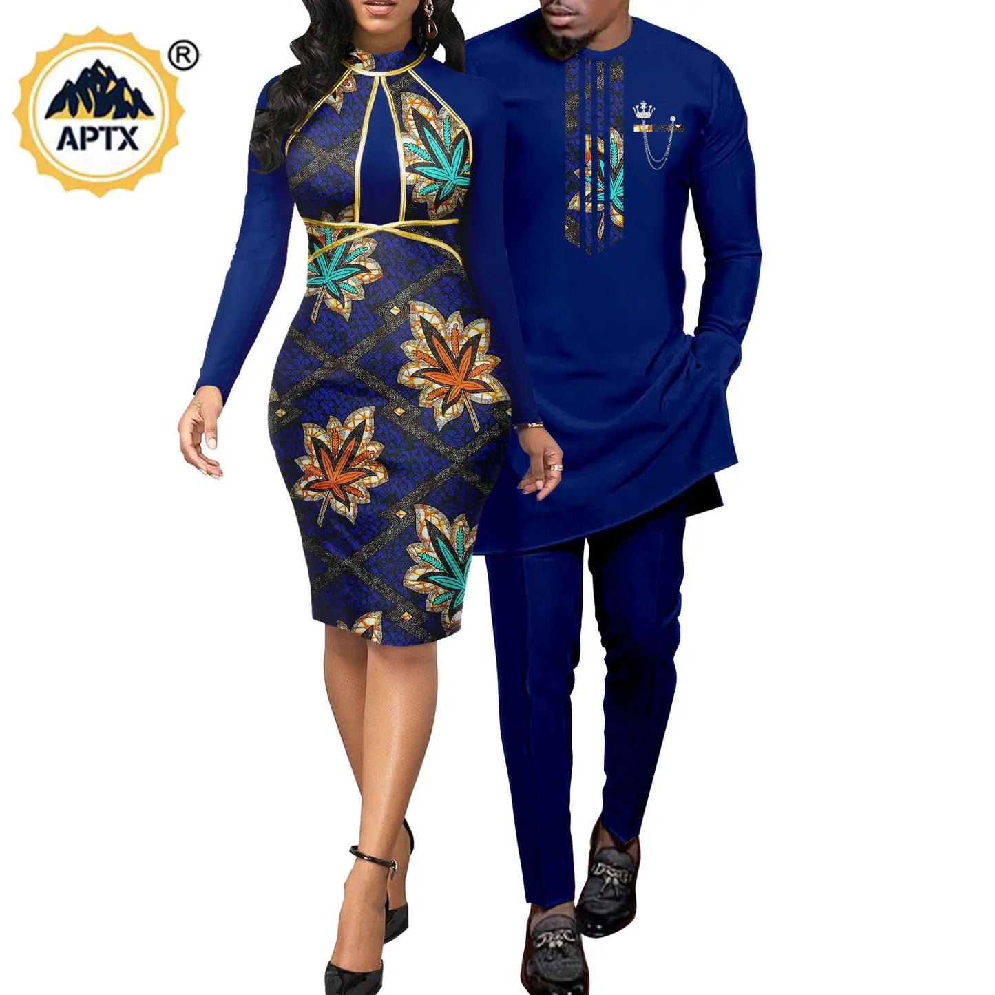 African Abaya Hip Dresses for Women Matching Couple Outfits with Bazin Riche Men's Top and Pant Set Dashiki Print