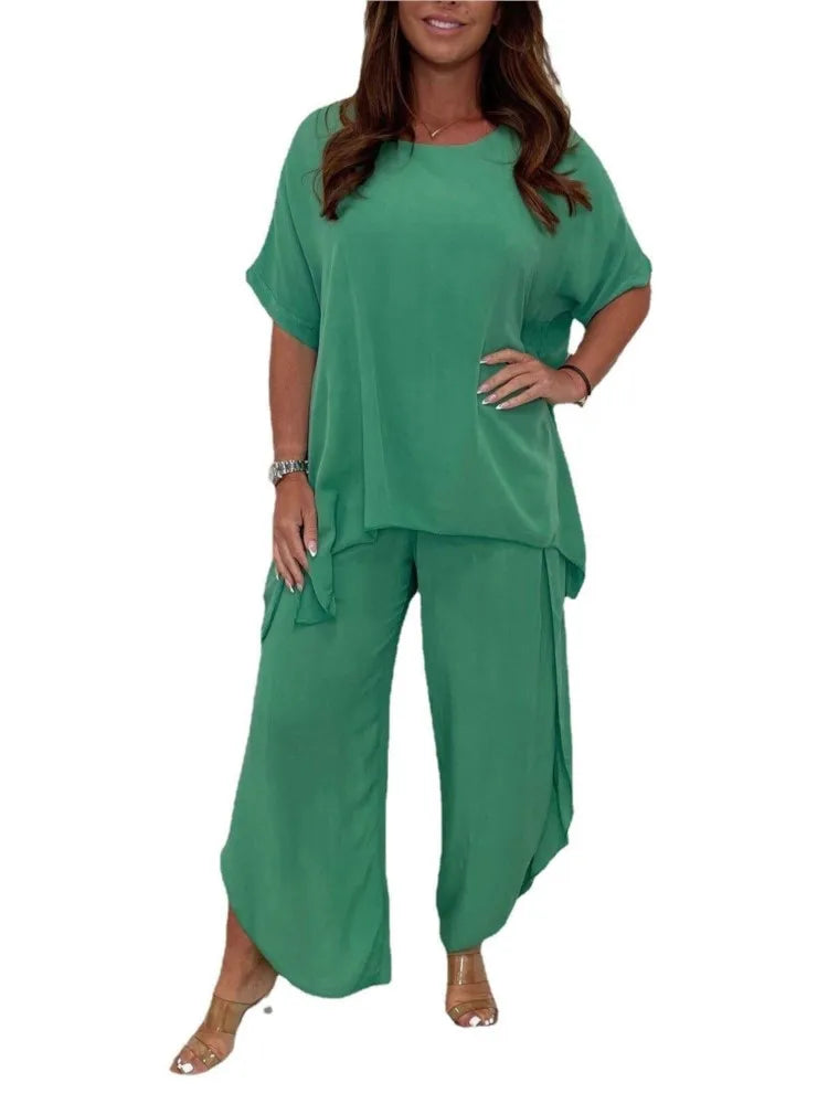 Solid Color Pant Sets Women Short Sleeves O Neck T Shirt And Loose Wide Leg Trousers Two Piece Set Fashion Casual Lady Suit