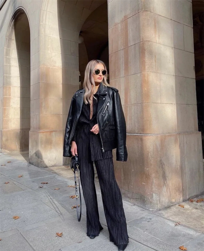 New Spring And Autumn Suit Women's Pleated Lapel Shirt Loose Casual Suit Solid Color Drape Pleated Casual Suit