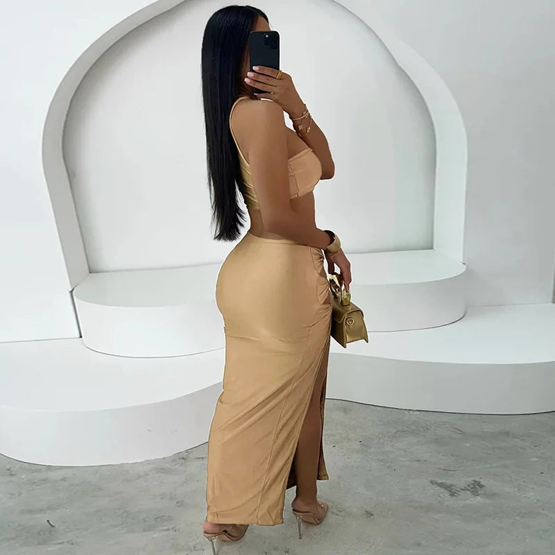 Sexy Slim Fit Maxi Dress with Metal Buckles Hollow Out Split Bodycon Style for Women O-neck Sleeveless Backless Party Clubwear
