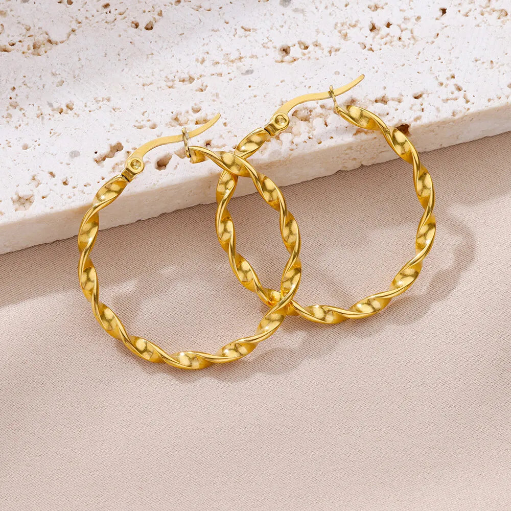 Stainless Steel Twist Hoop Earrings For Women Vintage Gold Plated Geometric Earring Luxury Wedding Statement Jewelry Accessories