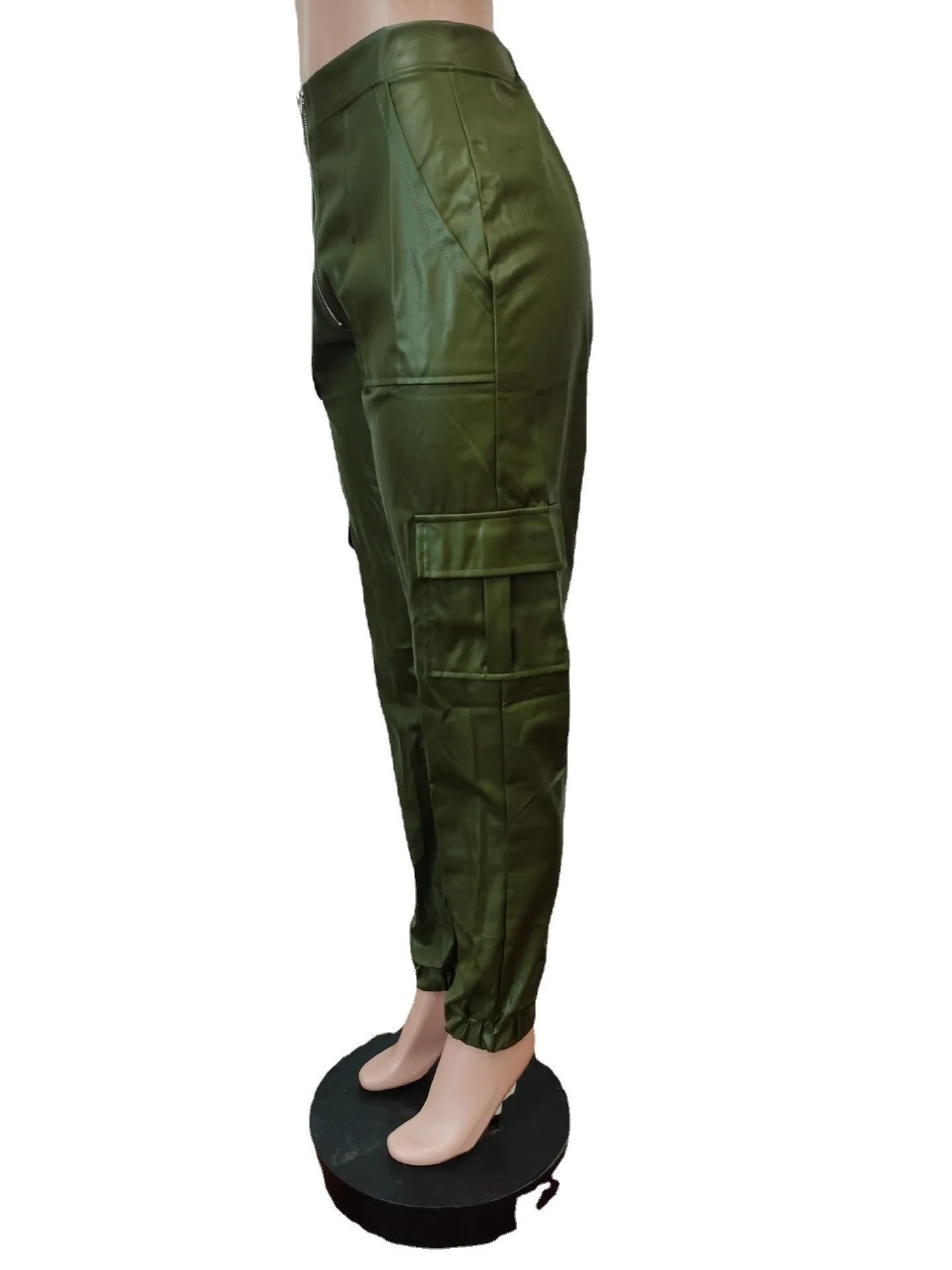 Autumn Winter Fashion Women's Trousers Faux Leather High Waisted Joggers with Zipper Multi Pocket Straight-Leg Cargo Pants
