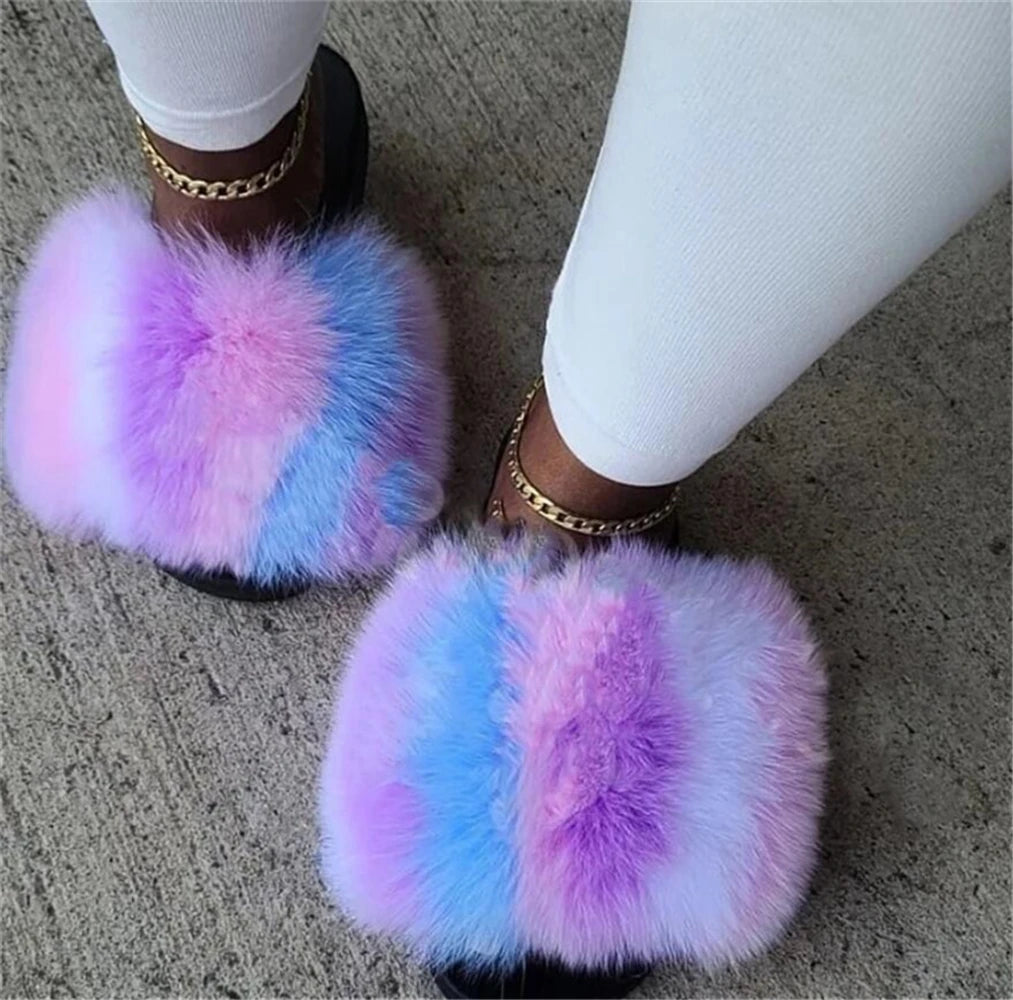 Hot Sale Summer Women Fox Fur Slippers Furry Slippers Designer Fur Slides Girls Black Fur Slides Gorgeous Big Fur Slides Sandal