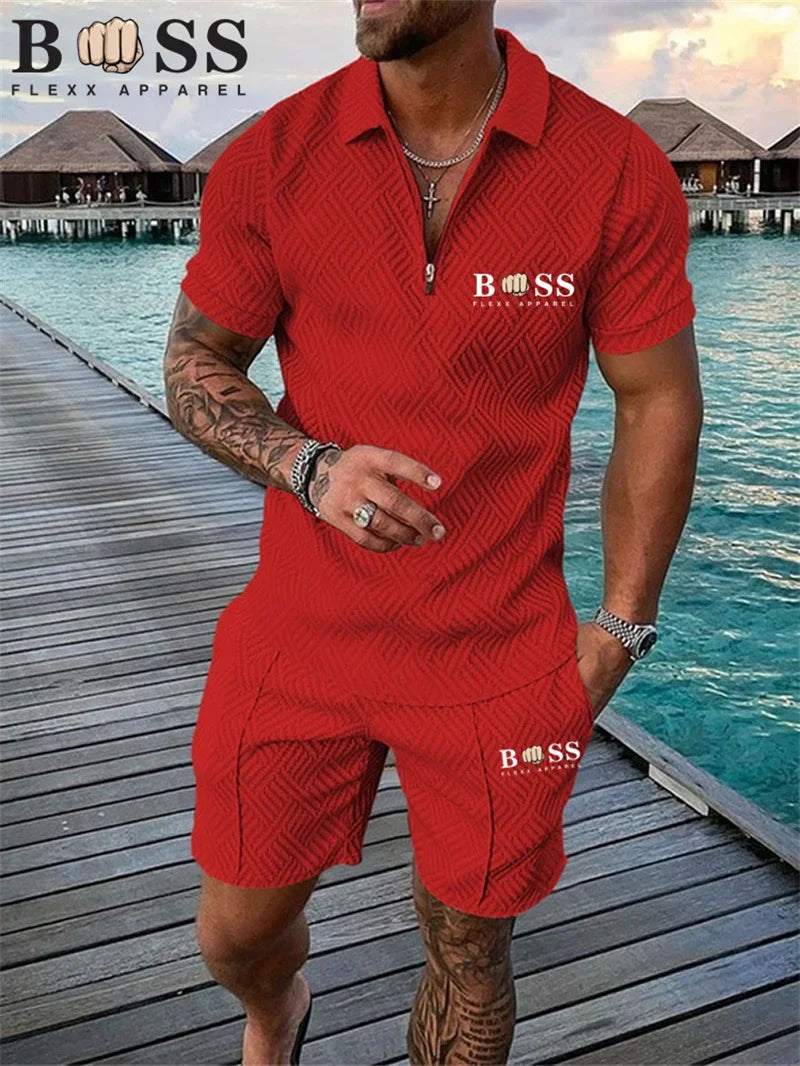 New 2024 Men's Polo Suit Fashion Men Sets Solid Summer V-neck Zipper Short Sleeve POLO Shirt+Shorts Two Pieces Men Casual Suit