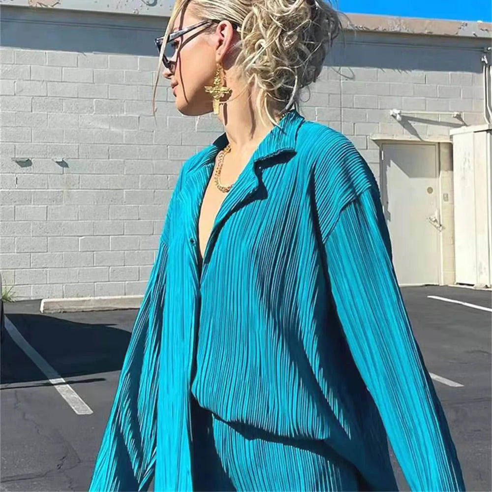 New Spring And Autumn Suit Women's Pleated Lapel Shirt Loose Casual Suit Solid Color Drape Pleated Casual Suit