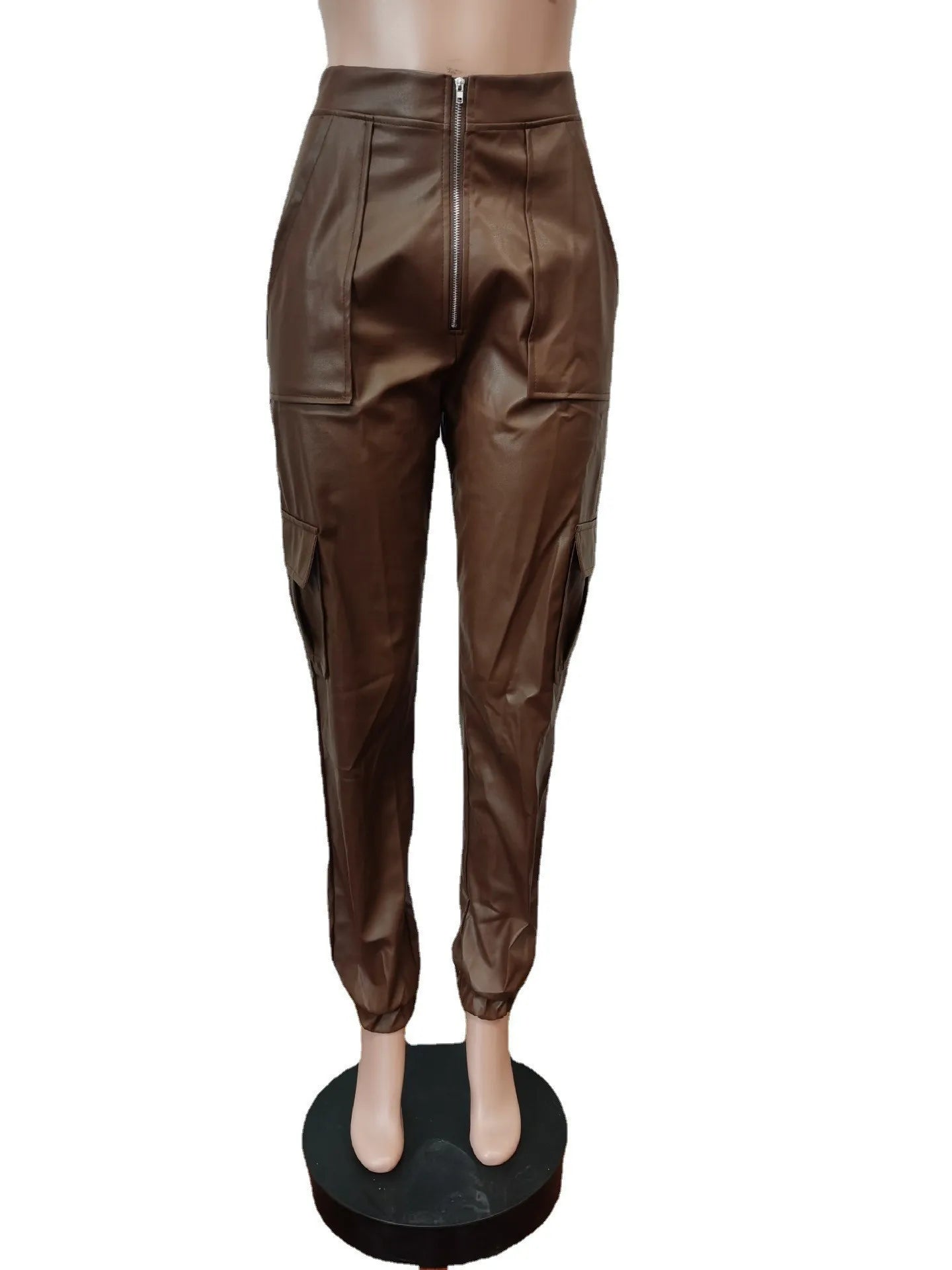 Autumn Winter Fashion Women's Trousers Faux Leather High Waisted Joggers with Zipper Multi Pocket Straight-Leg Cargo Pants