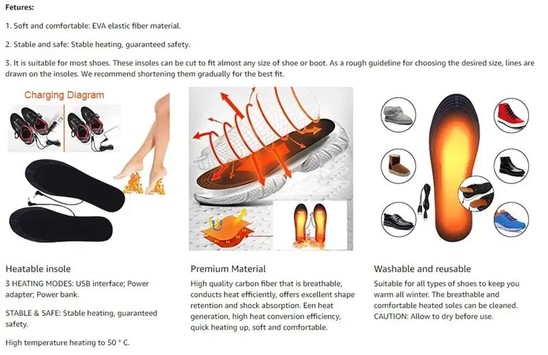 1Pair USB Heating Shoes Insole Quality Winter Warm Insoles for Feet Men Women Electrically Heated Shoe Sole Non Slip Shoe Pads