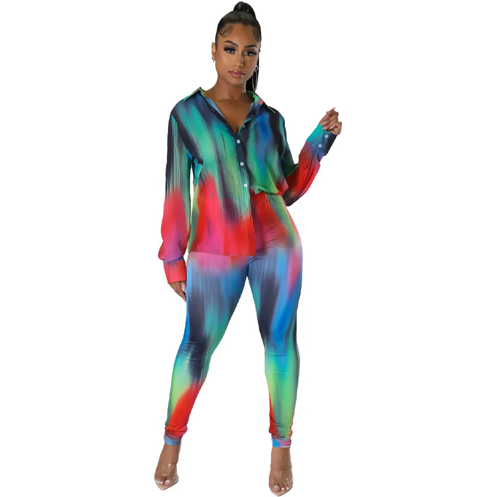 CM.YAYA Autumn Letter Leaf Print Women's Set Blouses Shirt Legging Pants Suit Active Wear Tracksuit Two Piece Set Fitness Outfit