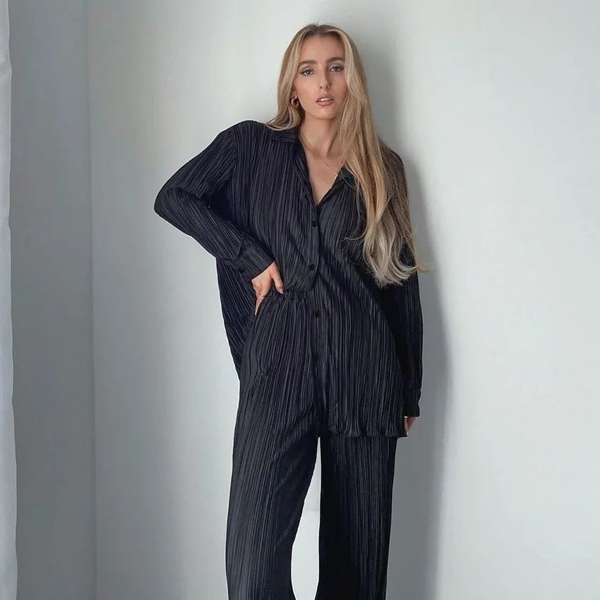 New Spring And Autumn Suit Women's Pleated Lapel Shirt Loose Casual Suit Solid Color Drape Pleated Casual Suit