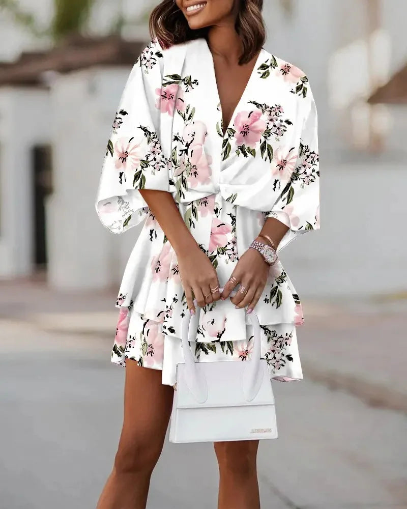 Women's Spring And Autumn Sexy Chiffon V-neck Loose Bat Sleeve Print Dress Women's Fashion Casual 5/4 Sleeve Dress Vestidos