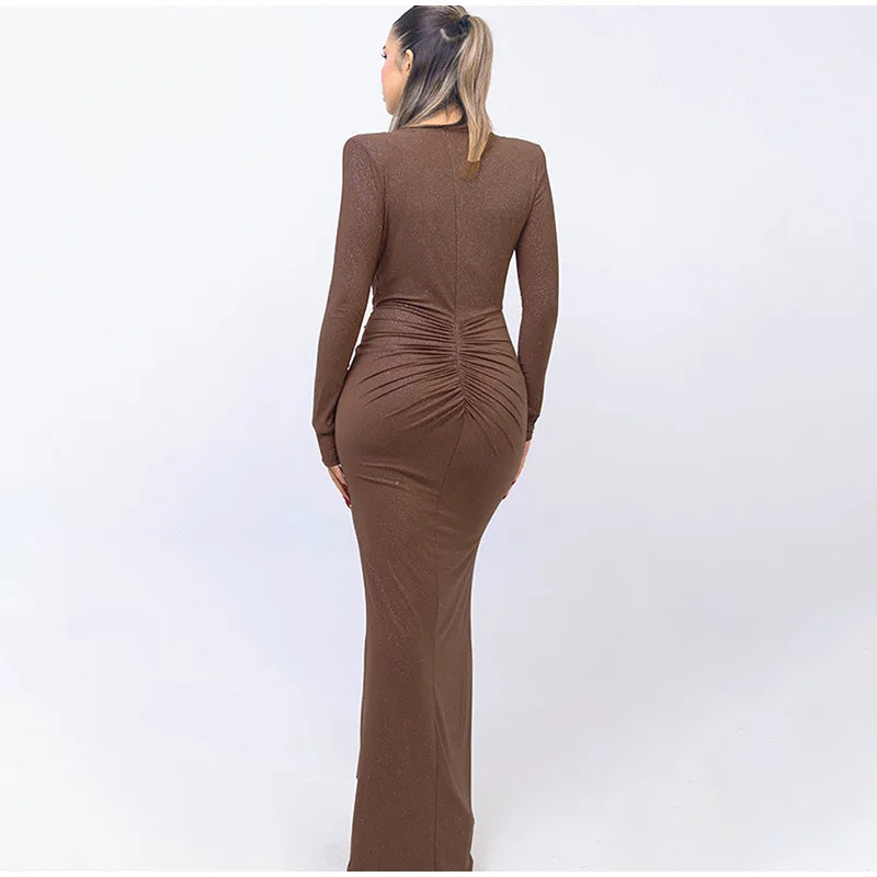 Sexy Glitter Slim Maxi Party Dress Women Deep V-neck Pleated Hip Package Bodycon Female Evening Dresses 2024 Club Lady Robes