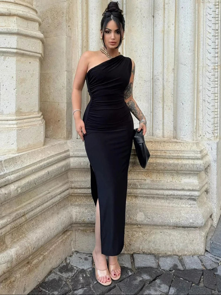 Elegant Black Maxi Dress for Women Sexy Split Sleeveless Backless Summer Fashion Off Shoulder Club Party Dress
