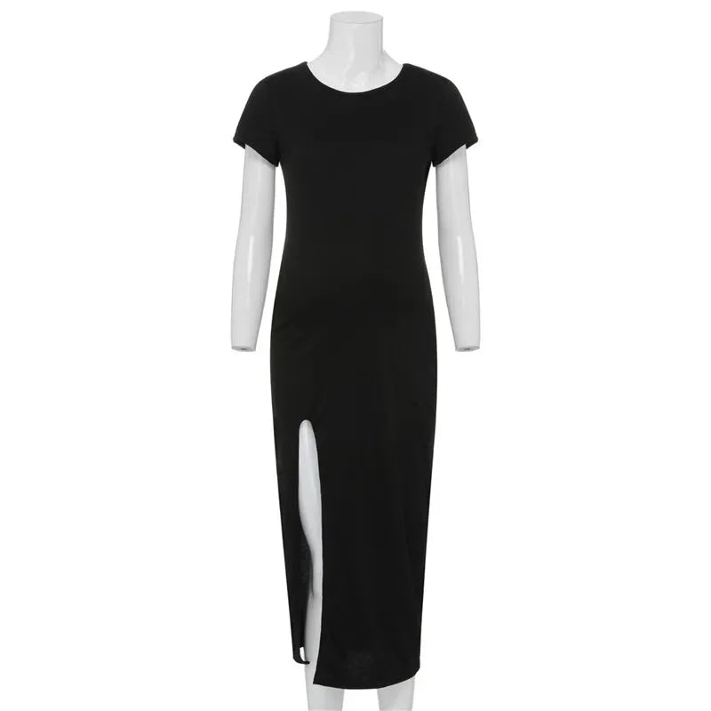 Pregnant Tight Open Long Dress Women Solid O-Neck Short Sleeve Maternity Spring Summer Pregnancy Clothes